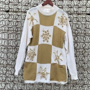 Vintage 90s Maurada white gold metallic knit tunic sweater gold bead snowflake